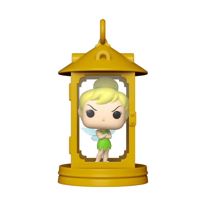 Pop! Tinker Bell shows an angry facial expression while standing with her arms crossed. She appears inside a gold lantern with clear windows that encase her.